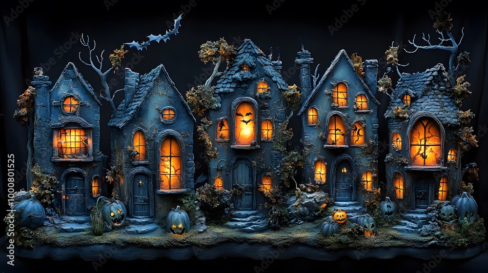 Spooky yet fun Halloween village with glowing windows and flying bats Spooky yet fun Halloween village with glowing windows and flying bats