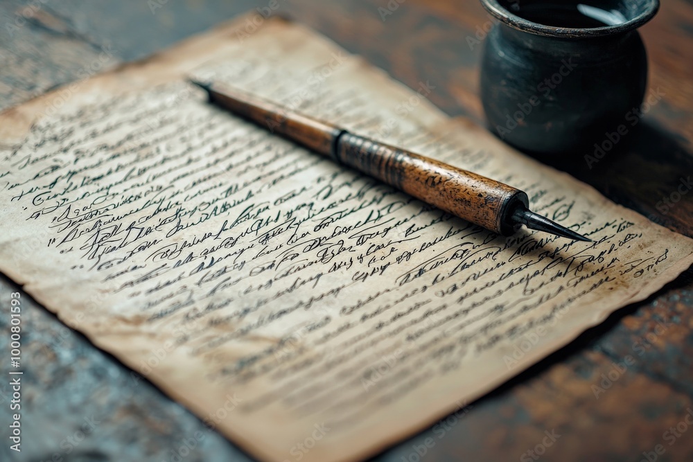 Obraz premium A close-up of an old, weathered death certificate, written in calligraphy, with a quill and inkpot resting beside it