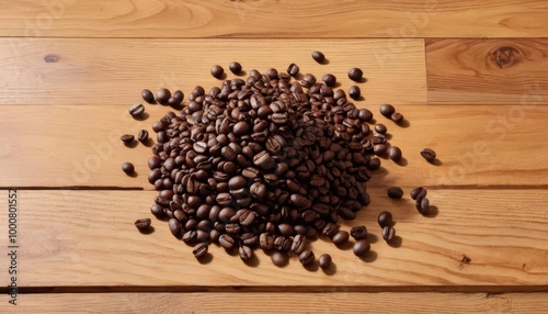  Freshly roasted coffee beans on a wooden surface