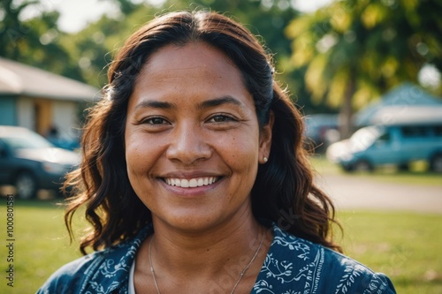 Close portrait of a smiling 40s Marshallese woman looking at the camera, Marshallese outdoors blurred background