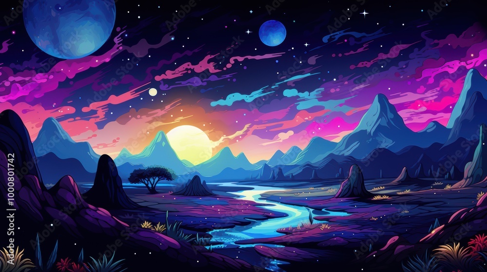 Fototapeta premium A vibrant, fantastical landscape with mountains, a river, and a glowing sun in a starry sky