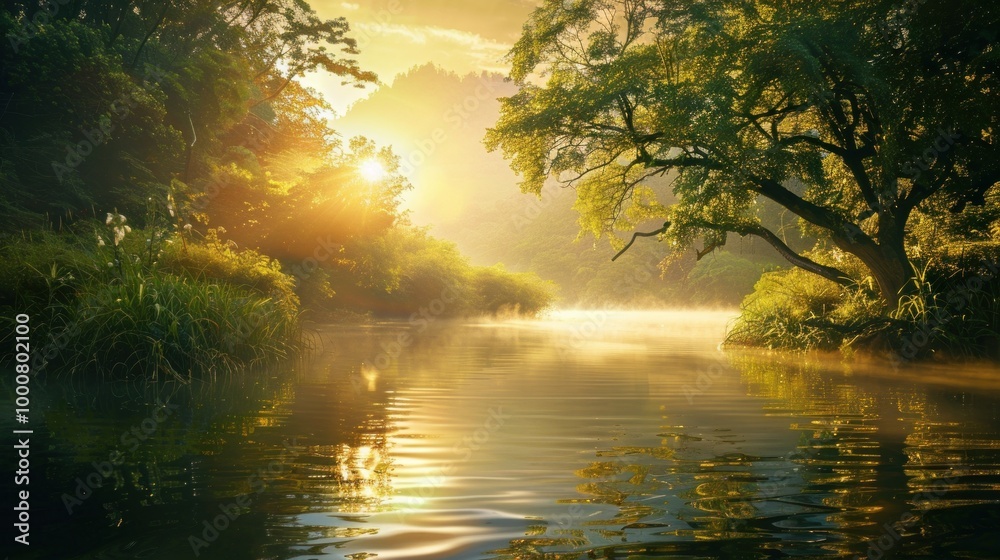 A serene river with mist rising from its surface, reflecting the golden light of sunrise A serene river with mist rising from its surface, reflecting the golden light of sunrise