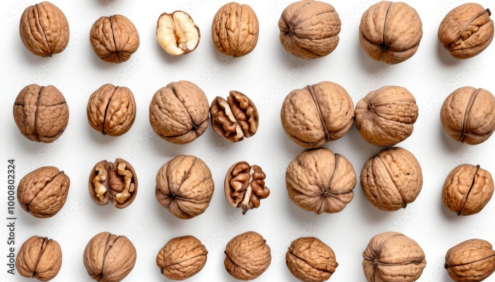 A collection of walnuts some cracked open on a white background A collection of walnuts some cracked open on a white background