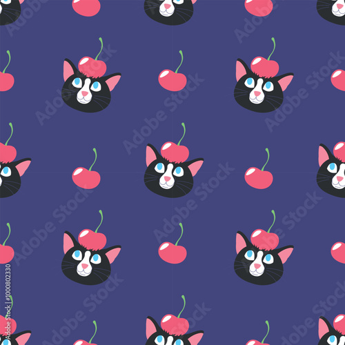 CUTE BLACK CAT WITH A CHERRY ON HIS HEAD SEAMLESS PATTERN