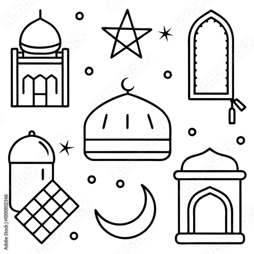 A vector illustration of a mosque and religious symbols, perfect for a restaurant menu cover or food platter design