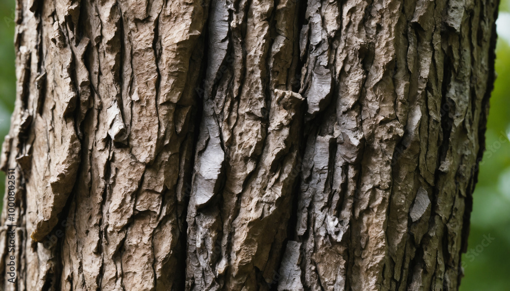 Rough, coarse bark with deep grooves beside glossy, slick plastic with a faint sheen Rough, coarse bark with deep grooves beside glossy, slick plastic with a faint sheen