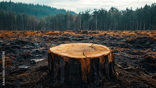 A tree stump stands in a sunlit forest clearing. a burnt area.