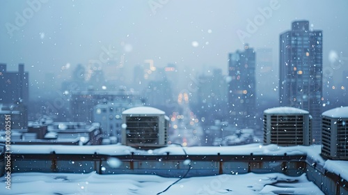 Blurry view of a snowy rooftop with HVAC units and a chilly gray sky