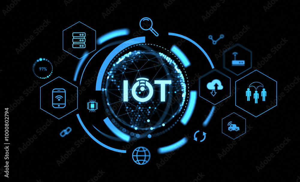 Futuristic digital interface displaying various IoT icons and symbols in blue on a dark background, representing connectivity and technology concepts. 3D Rendering Futuristic digital interface displaying various IoT icons and symbols in blue on a dark background, representing connectivity and technology concepts. 3D Rendering