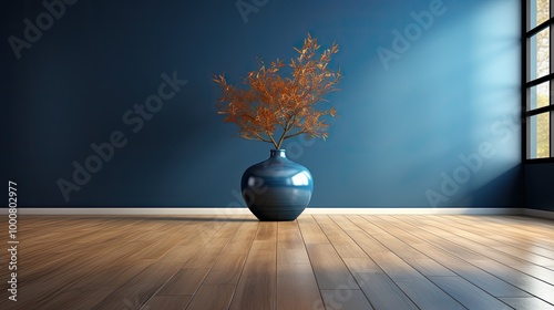 Neutral dusty blue color empty room with light from window in modern interior. 