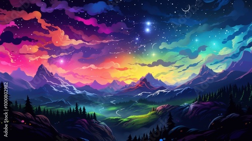 A Colorful Night Sky Above a Mountain Range photo