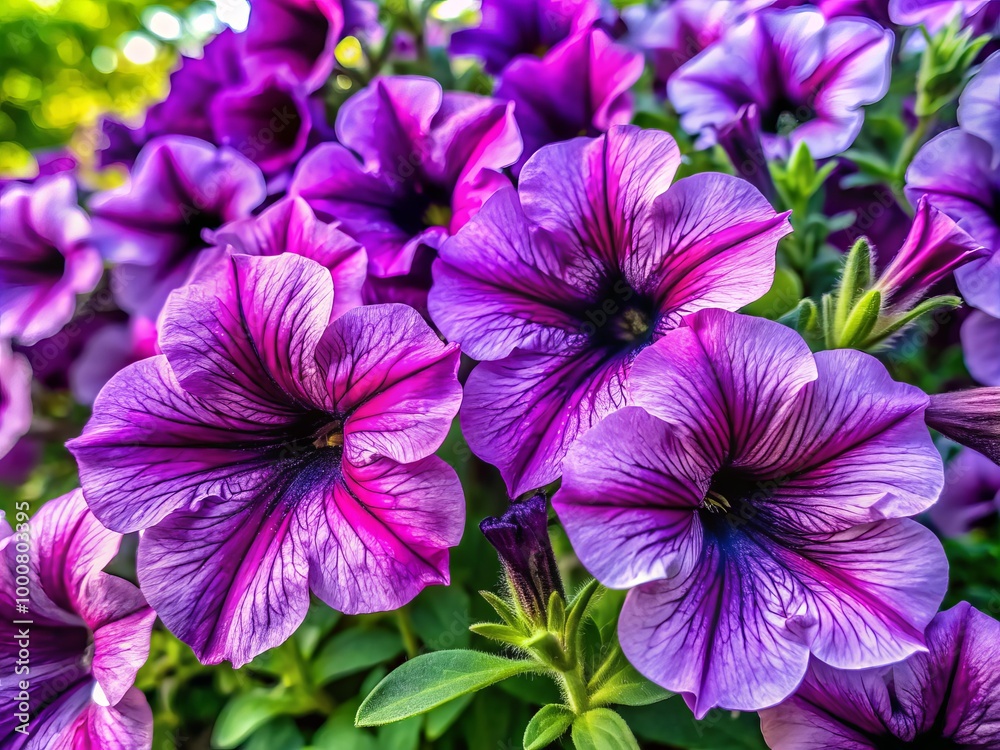 Brilliant purple petunias bloom, embodying the essence of spring and summer with their vibrant colors, infusing gardens Brilliant purple petunias bloom, embodying the essence of spring and summer with their vibrant colors, infusing gardens