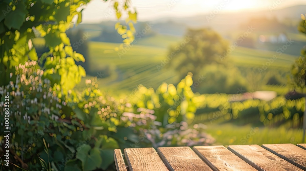 Naklejka premium Blurry spring winery terrace scene with tables and a warm sunny sky