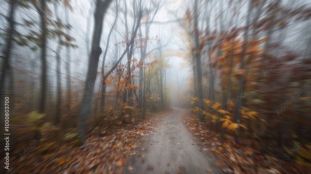 Obraz premium Winding autumn forest trail blurred with fallen leaves and misty skies