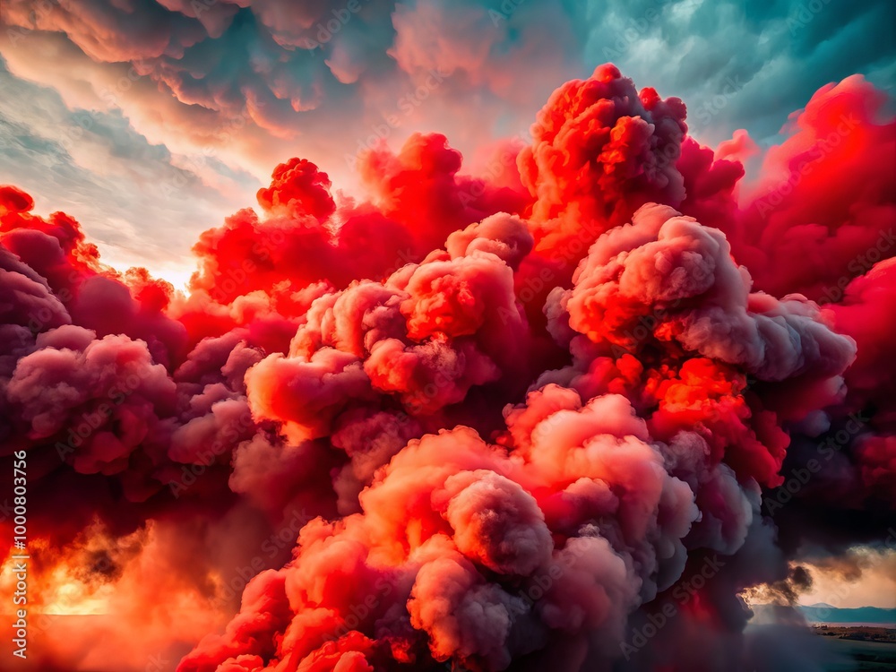 Bunte Rauchwolken in intensivem Rot erzeugen eine faszinierende und dramatische Atmosphäre und Wirkung Bunte Rauchwolken in intensivem Rot erzeugen eine faszinierende und dramatische Atmosphäre und Wirkung