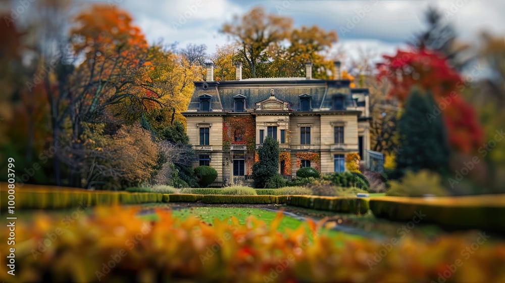 Historic mansion in fall blurred gardens and soft overcast skies Historic mansion in fall blurred gardens and soft overcast skies