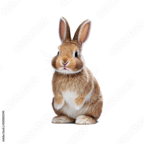 Adorable brown rabbit sitting upright on transparent background