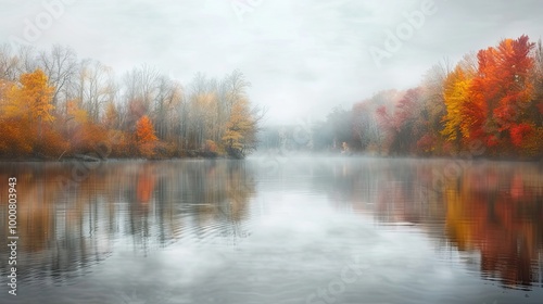 Soft focus of an autumn river with blurred trees reflecting in the water