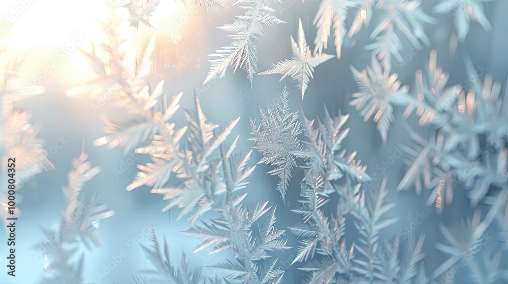 Blurred window frost with intricate patterns glowing softly in winter light Blurred window frost with intricate patterns glowing softly in winter light