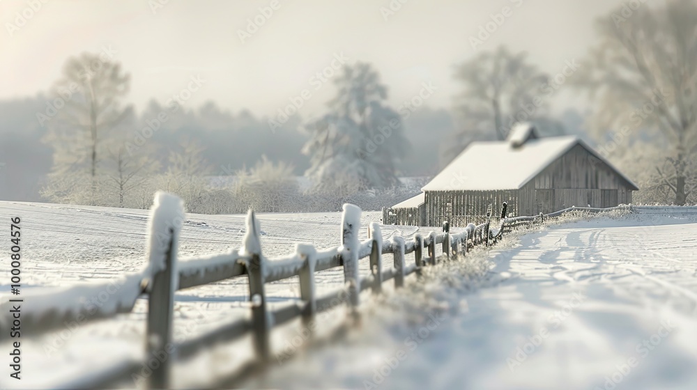 Snowy rural scene with blurred barn and fence lines in soft tones of gray and white Snowy rural scene with blurred barn and fence lines in soft tones of gray and white