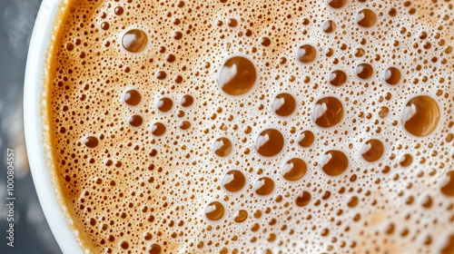 A close-up of cappuccino foam with microbubbles, highlighting the rich texture and inviting warmth of the drink photo