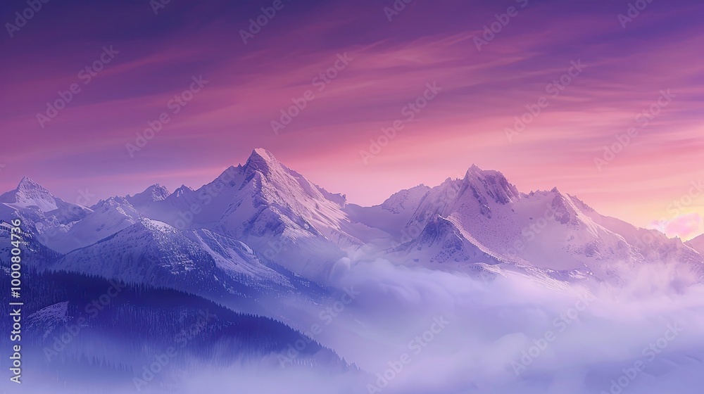 Snowy mountain range at dusk with a purple and orange sky blurred in soft mist Snowy mountain range at dusk with a purple and orange sky blurred in soft mist