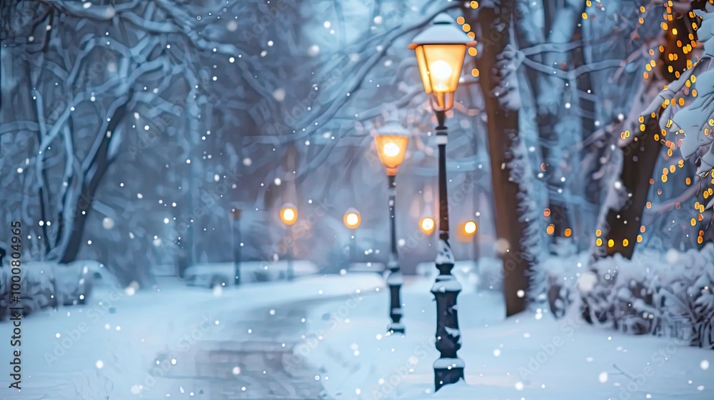 Winter park with a snow-covered path and softly glowing lamps peaceful atmosphere Winter park with a snow-covered path and softly glowing lamps peaceful atmosphere