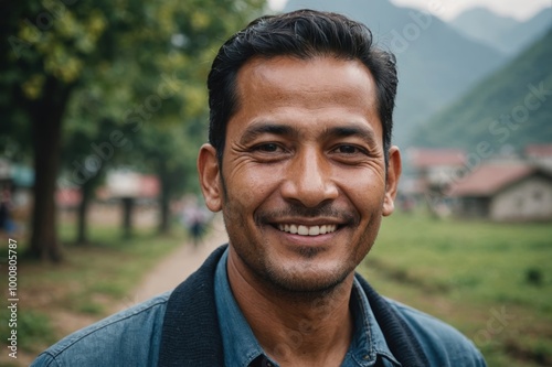 Close portrait of a smiling 40s Nepalese man looking at the camera, Nepalese outdoors blurred background