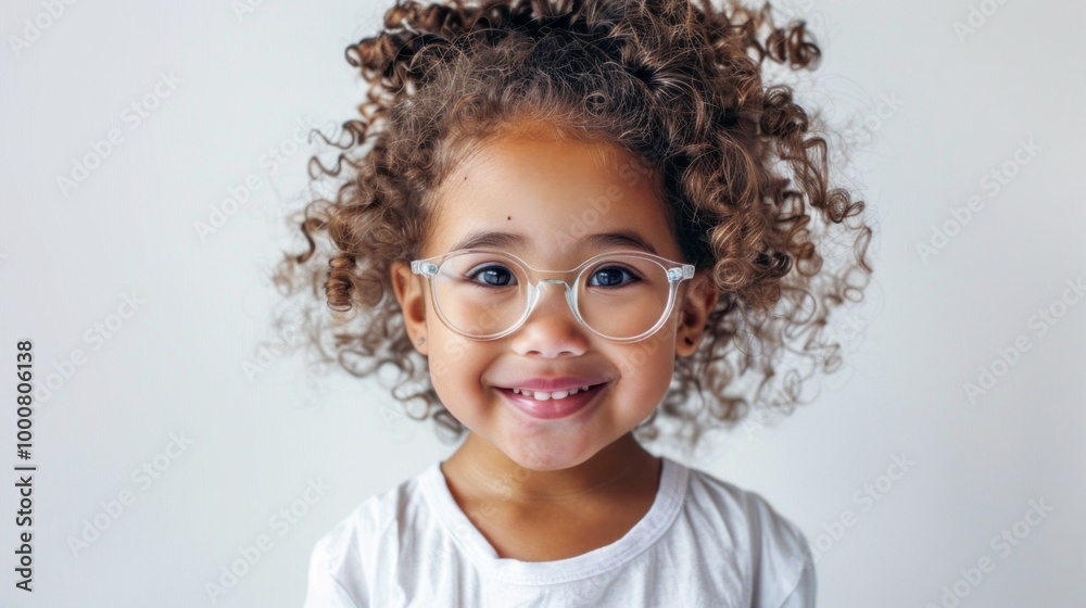 A young girl with curly hair is wearing glasses and smiling A young girl with curly hair is wearing glasses and smiling