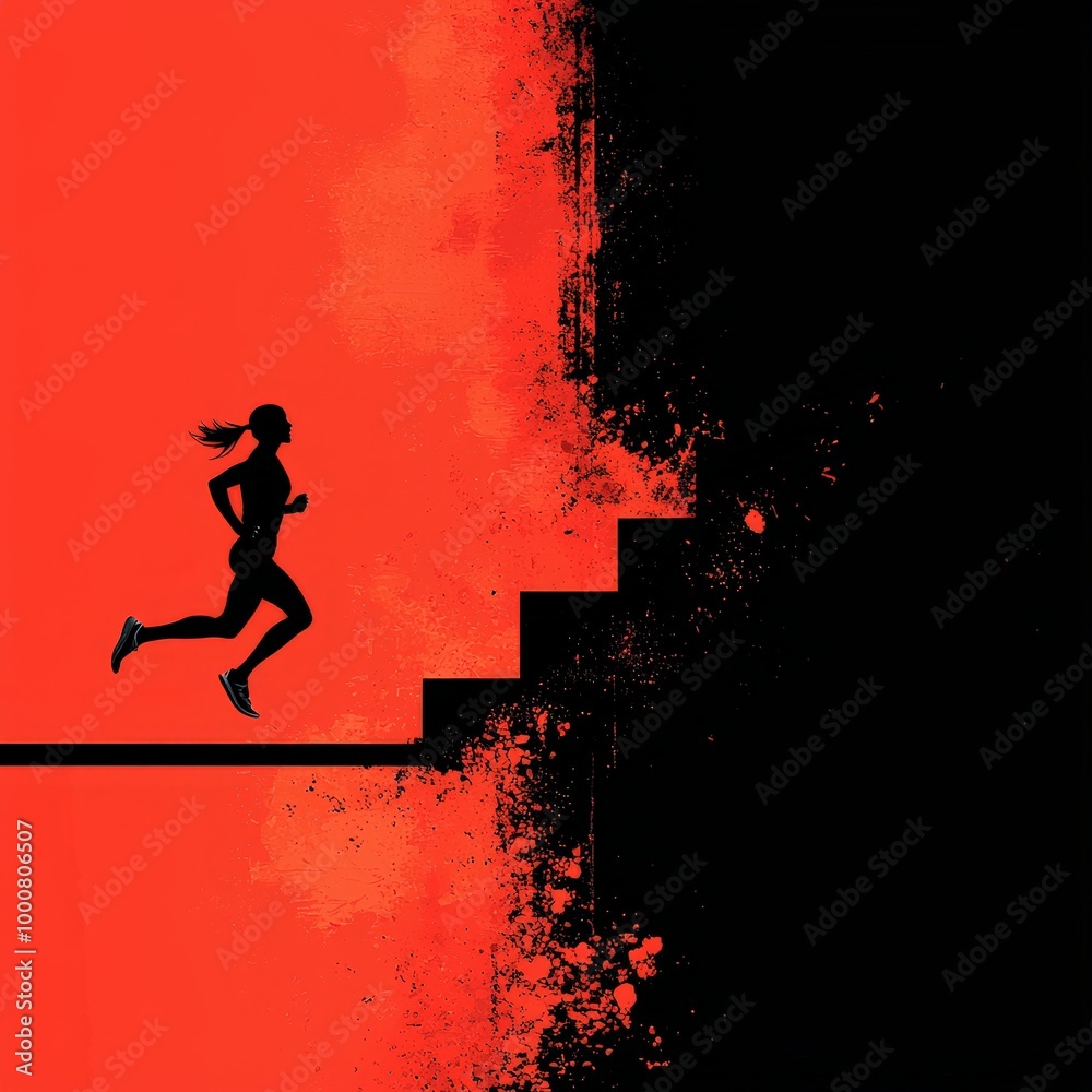 Naklejka premium Silhouette of Woman Running Up Stairs with Abstract Red and Black Background