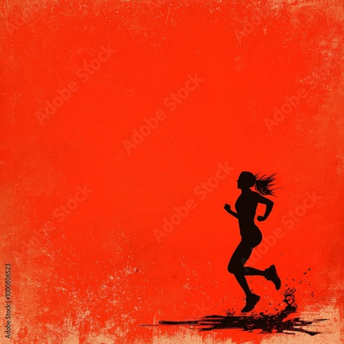 Silhouette of Woman Running on Red Background