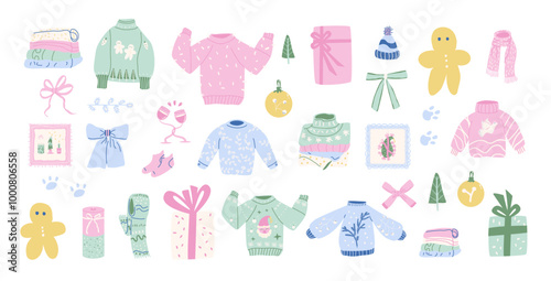 Winter sweaters, scarves, gifts and holiday decorations in soft pastel colors for the festive season. Whimsical vector set of festive elements isolated on white background.