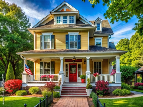 Charming American 4 Square Home with Classic Architecture and Inviting Front Porch in Suburban Setting