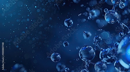 Elegant navy background with scattered 3D glass molecules creating a refined scientific look