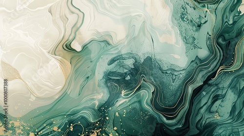 Fototapeta Naklejka Na Ścianę i Meble -  Sage green wallpaper with marbled ink in emerald and cream offering soft fluid abstract shapes