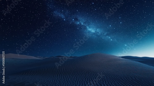 A serene night scene of sand dunes under a starry sky with the Milky Way visible.