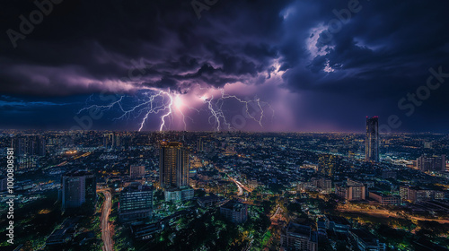 Night Storm Illuminating City Skyline