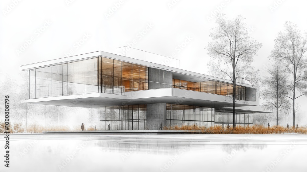 Modern architectural design featuring a glass and concrete structure. Modern architectural design featuring a glass and concrete structure.