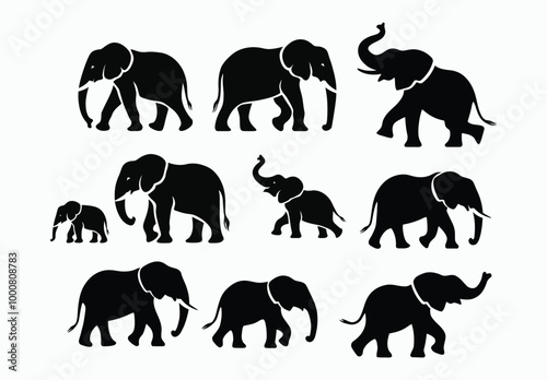 Elegant African Elephant Silhouette EPS Vector File Movement on a White Background