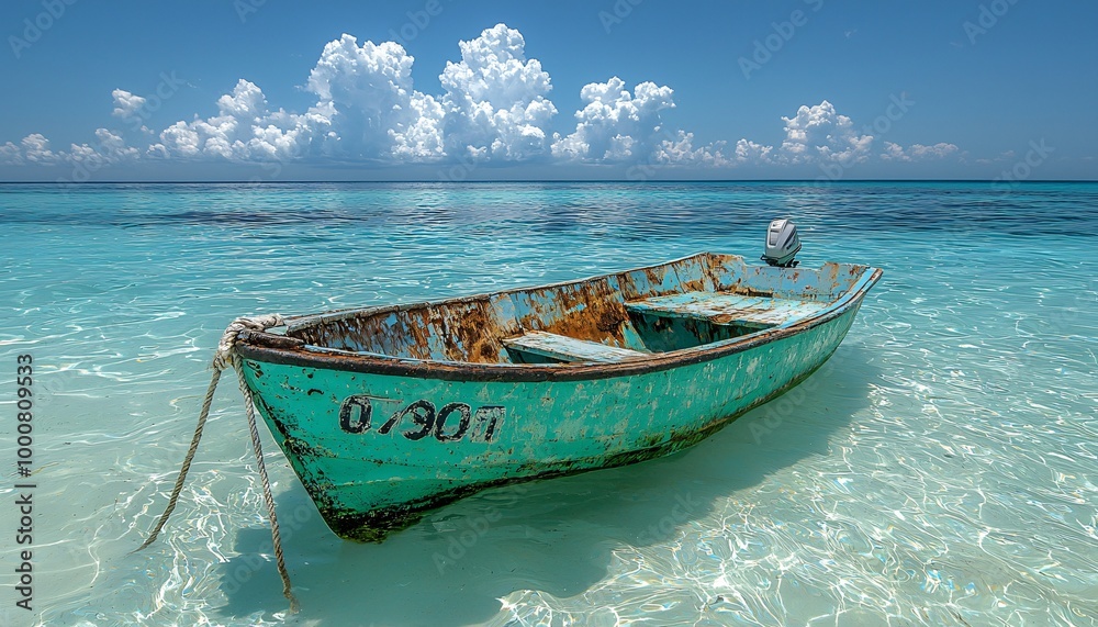 A weathered turquoise fishing boat on crystal-clear waters, perfect for Day of the Dead (Dia De Los Muertos) festive designs and events. A weathered turquoise fishing boat on crystal-clear waters, perfect for Day of the Dead (Dia De Los Muertos) festive designs and events.