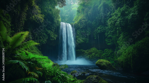 Majestic Waterfall Surrounded by Greenery