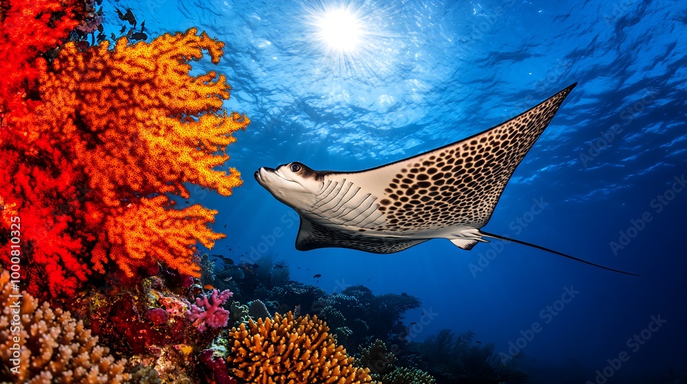 Fototapeta premium A spotted eagle ray swims gracefully through a vibrant coral reef, sunlight shining through the clear blue water.