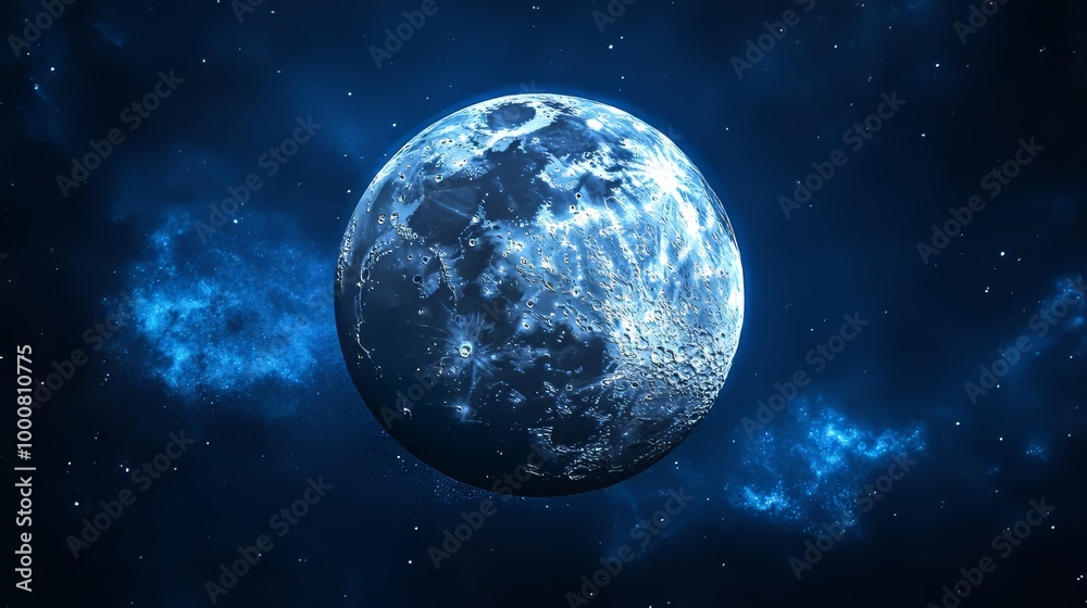 Detailed moon in vast space, surrounded by a blue nebula and shining stars, showcasing cosmic beauty. Detailed moon in vast space, surrounded by a blue nebula and shining stars, showcasing cosmic beauty.