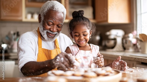 Family members baking Christmas cookies together in a bright kitchen smiling and sharing joyful moments Large space for text in center Stock Photo with copy space