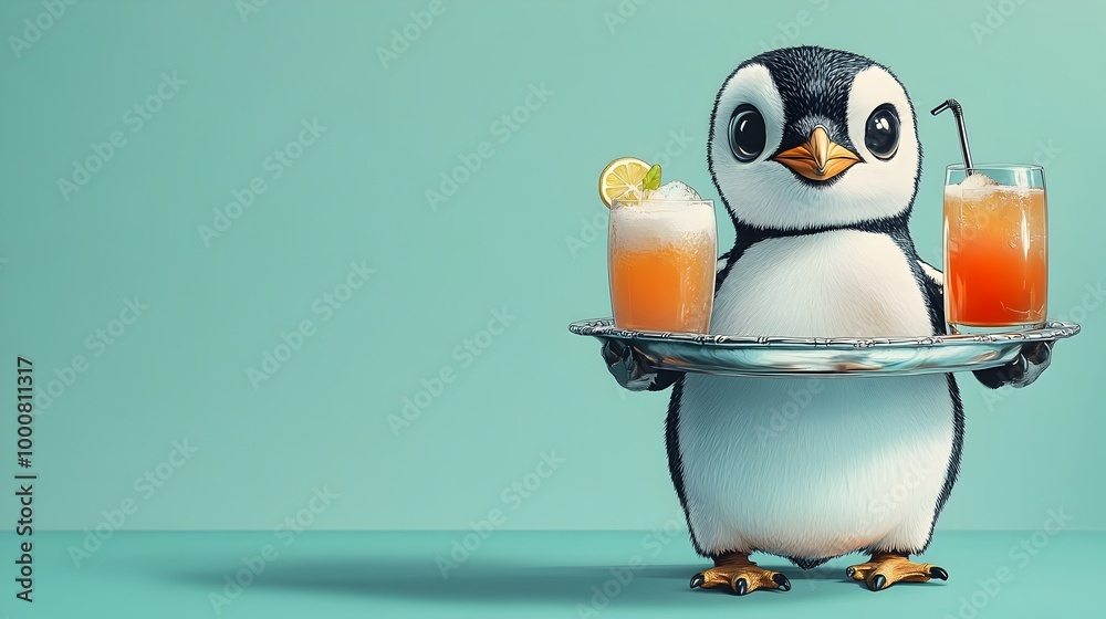 Obraz premium Penguin Butler Carrying Tray of Drinks on Silver Platter in Whimsical Anime Pop Art Style