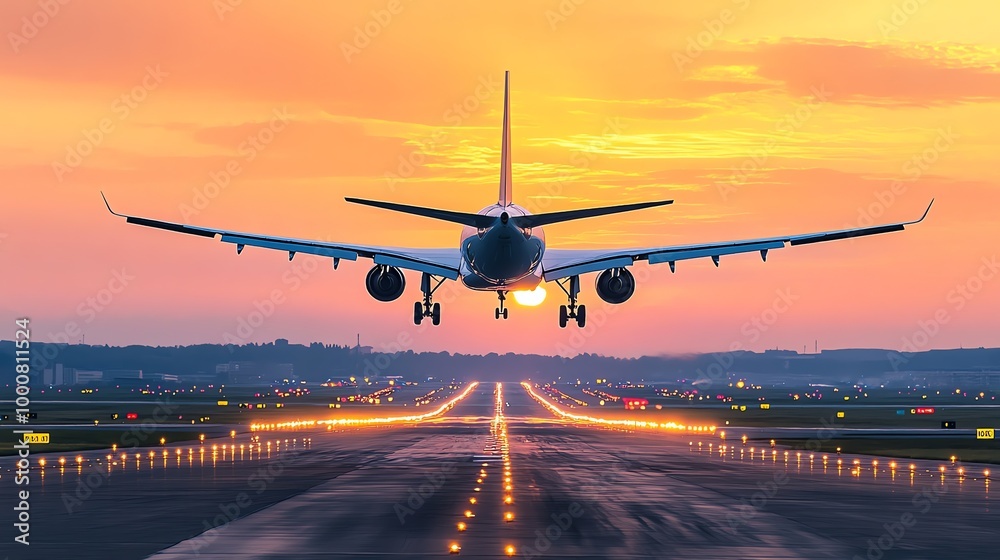 A large airplane is landing on a runway at sunset, with the sun visible behind the plane. A large airplane is landing on a runway at sunset, with the sun visible behind the plane.