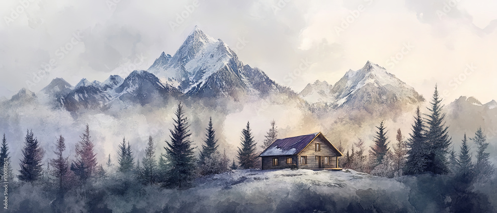 serene mountain home surrounded by snow capped peaks and lush evergreen trees creates tranquil atmosphere. soft colors and misty backdrop evoke sense of peace and solitude serene mountain home surrounded by snow capped peaks and lush evergreen trees creates tranquil atmosphere. soft colors and misty backdrop evoke sense of peace and solitude