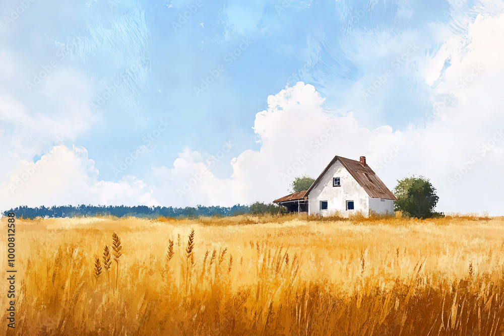 serene rustic farmhouse stands amidst golden wheat fields under bright blue sky, evoking sense of tranquility and connection to nature serene rustic farmhouse stands amidst golden wheat fields under bright blue sky, evoking sense of tranquility and connection to nature