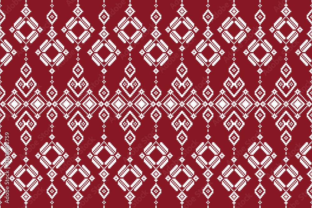 Obraz premium Fabric pixel abstract geometric pattern Thai stye design for clothing, fabric, background, wallpaper, wrapping, batik. Knitwear, Embroidery style. Aztec geometric art ornament print.