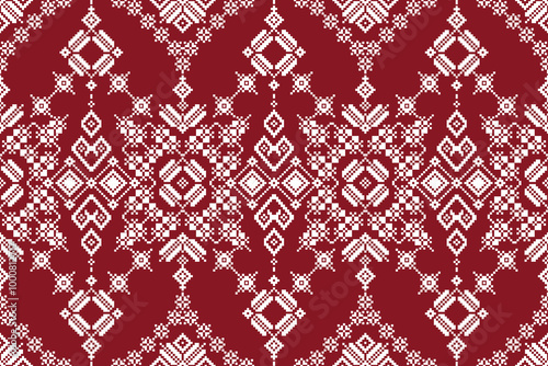 Fabric pixel abstract geometric pattern Thai stye design for clothing, fabric, background, wallpaper, wrapping, batik. Knitwear, Embroidery style. Aztec geometric art ornament print.
